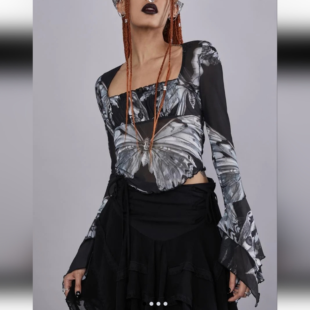 Dolls Kill / Widow | Into The Shadows Moth mesh crop long sleeve 🦋